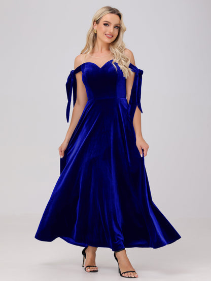 Sheer Neck Sweetheart Ankle Length Velvet Bridesmaid Dresses