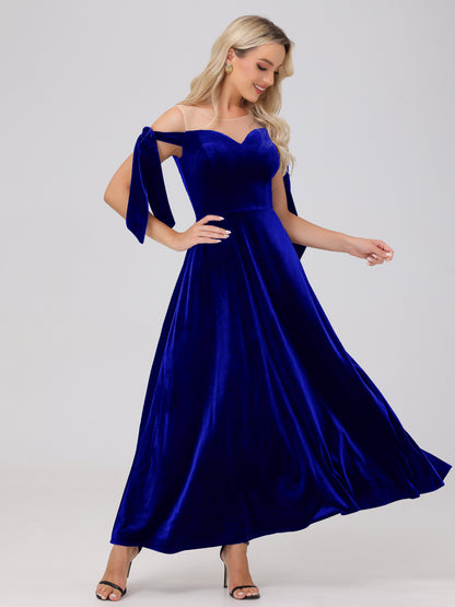 Sheer Neck Sweetheart Ankle Length Velvet Bridesmaid Dresses