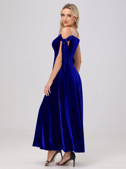 Sheer Neck Sweetheart Ankle Length Velvet Bridesmaid Dresses