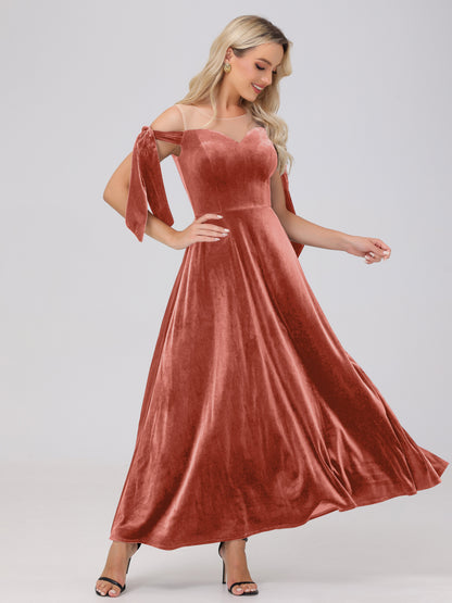 Sheer Neck Sweetheart Ankle Length Velvet Bridesmaid Dresses