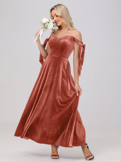 Sheer Neck Sweetheart Ankle Length Velvet Bridesmaid Dresses