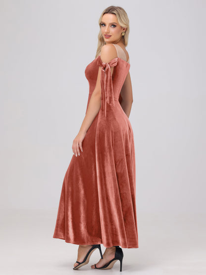 Sheer Neck Sweetheart Ankle Length Velvet Bridesmaid Dresses