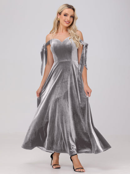 Sheer Neck Sweetheart Ankle Length Velvet Bridesmaid Dresses