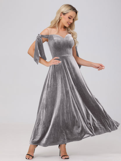 Sheer Neck Sweetheart Ankle Length Velvet Bridesmaid Dresses
