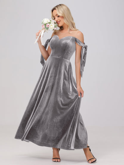 Sheer Neck Sweetheart Ankle Length Velvet Bridesmaid Dresses