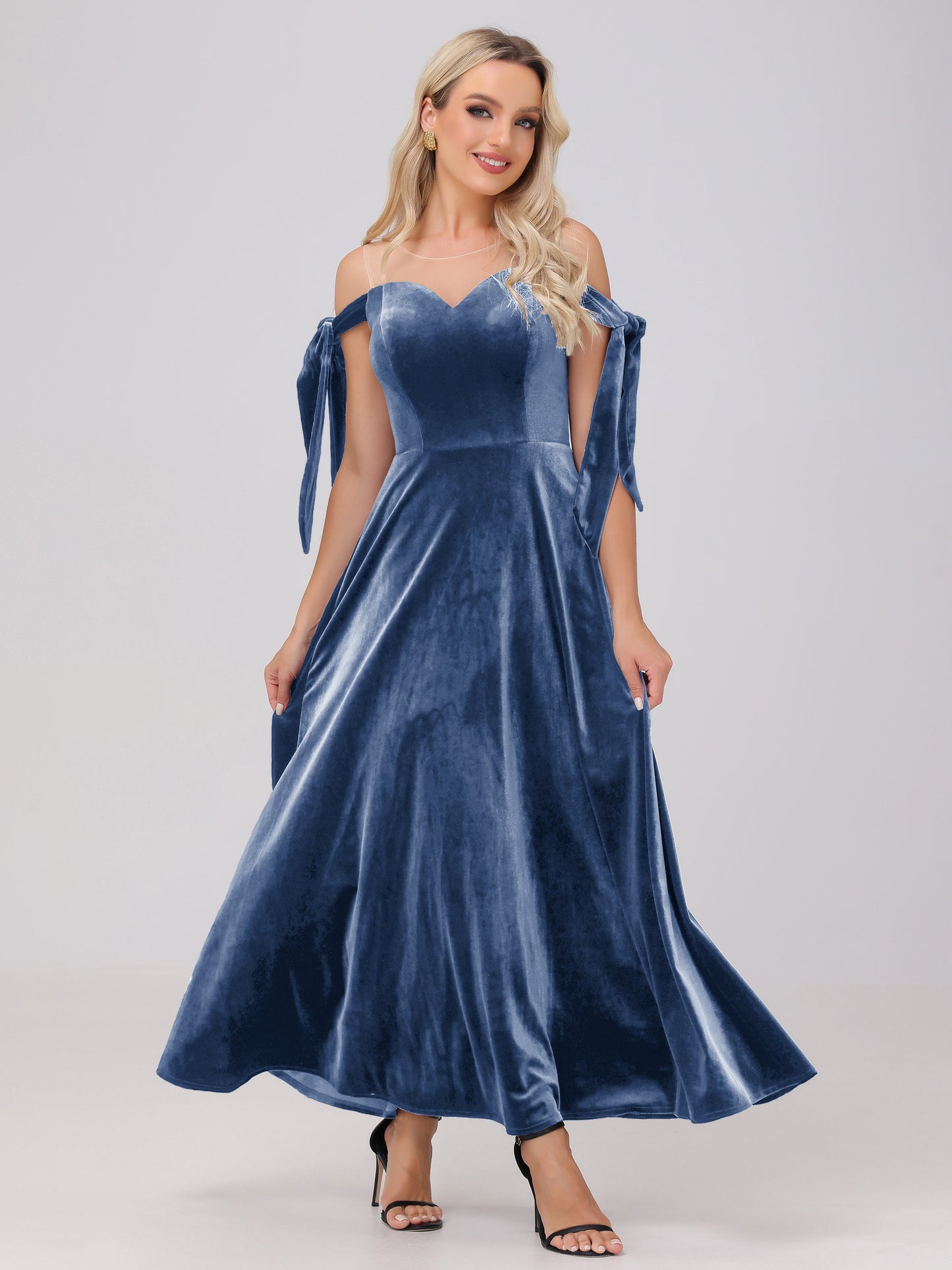 Sheer Neck Sweetheart Ankle Length Velvet Bridesmaid Dresses