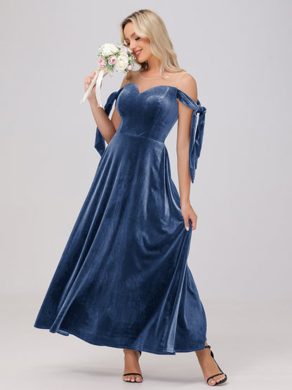 Sheer Neck Sweetheart Ankle Length Velvet Bridesmaid Dresses