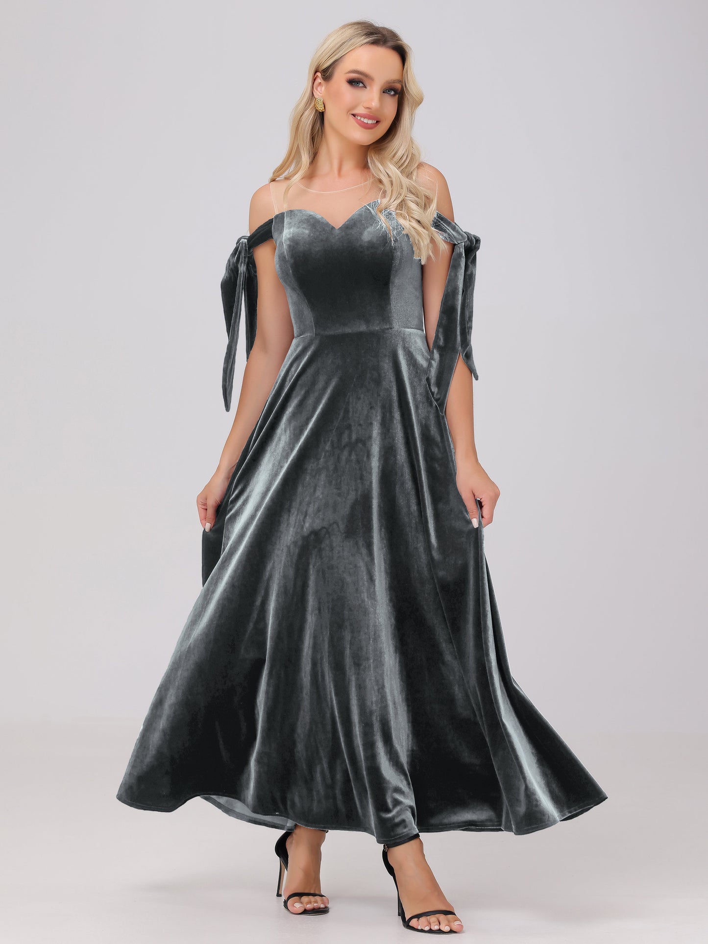 Sheer Neck Sweetheart Ankle Length Velvet Bridesmaid Dresses