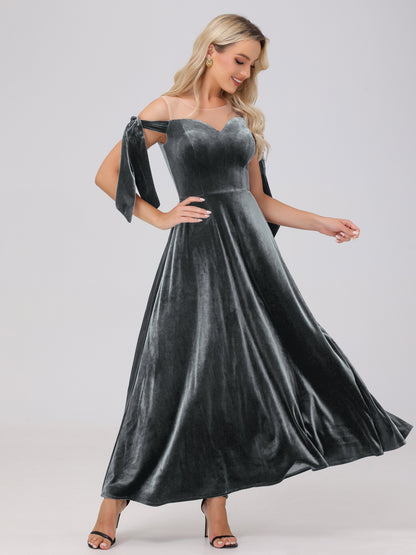 Sheer Neck Sweetheart Ankle Length Velvet Bridesmaid Dresses