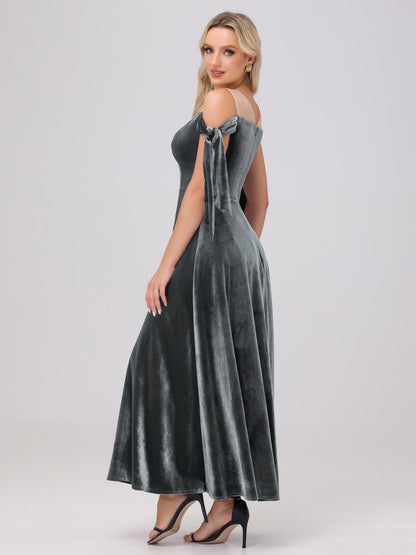 Sheer Neck Sweetheart Ankle Length Velvet Bridesmaid Dresses