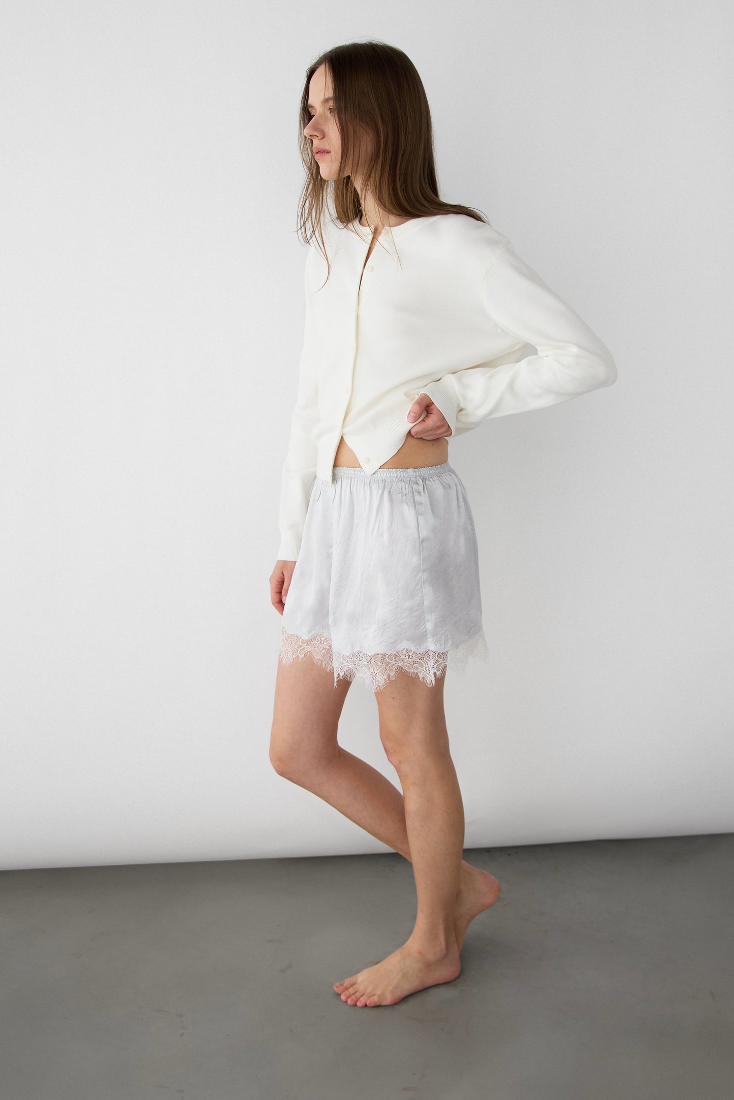 SATIN SHORT WITH LACE HEM