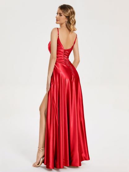 Cali Side Slit V-neck Soft Satin Bridesmaid Dress