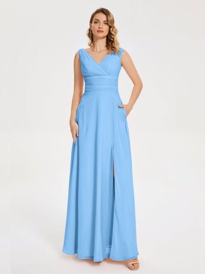 Lucille Simple V-neck Bridesmaid Dress with Pockets