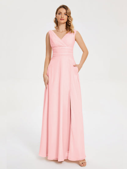 Lucille Simple V-neck Bridesmaid Dress with Pockets