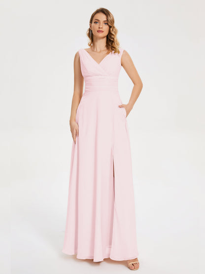 Lucille Simple V-neck Bridesmaid Dress with Pockets