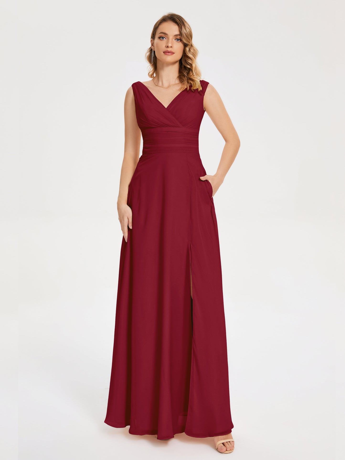 Lucille Simple V-neck Bridesmaid Dress with Pockets