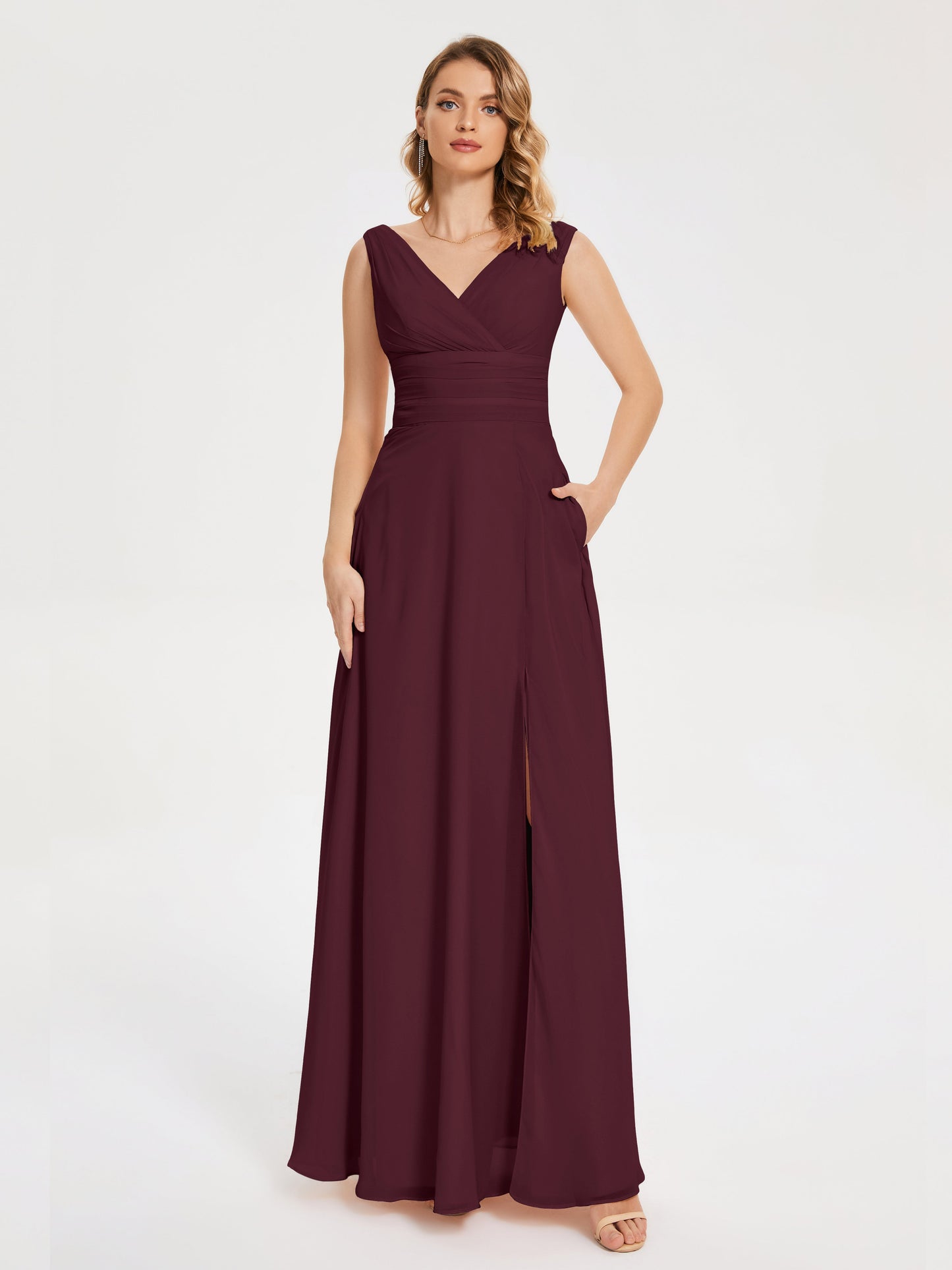 Lucille Simple V-neck Bridesmaid Dress with Pockets