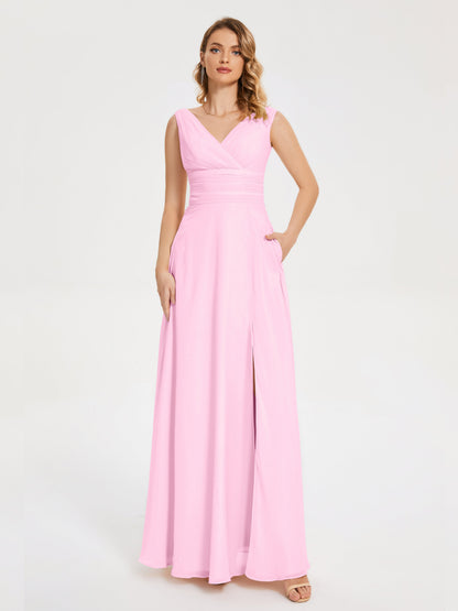Lucille Simple V-neck Bridesmaid Dress with Pockets