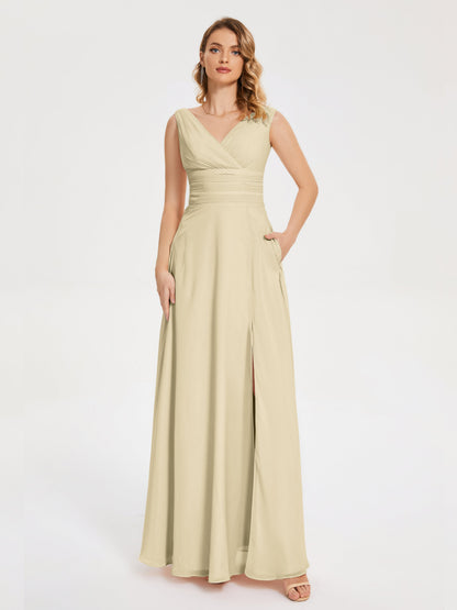 Lucille Simple V-neck Bridesmaid Dress with Pockets