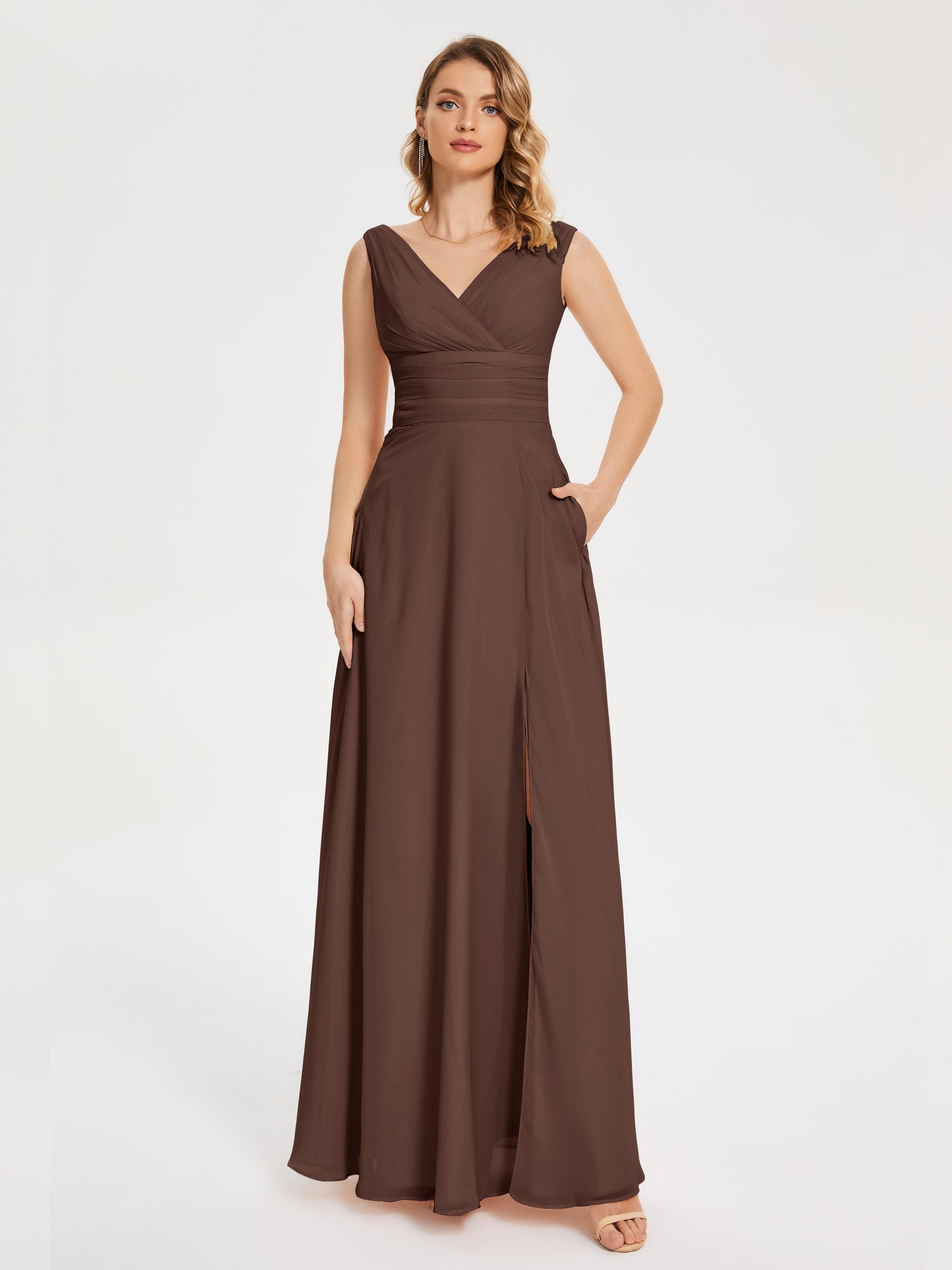 Lucille Simple V-neck Bridesmaid Dress with Pockets