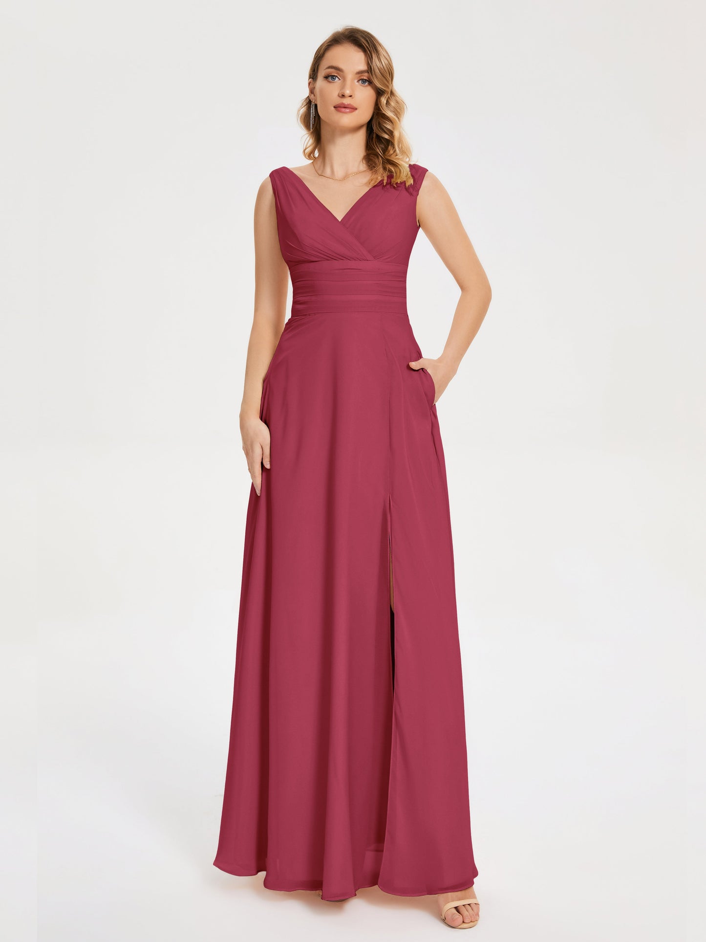 Lucille Simple V-neck Bridesmaid Dress with Pockets