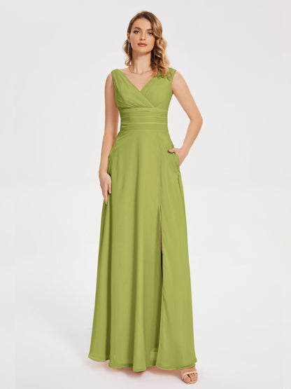 Lucille Simple V-neck Bridesmaid Dress with Pockets