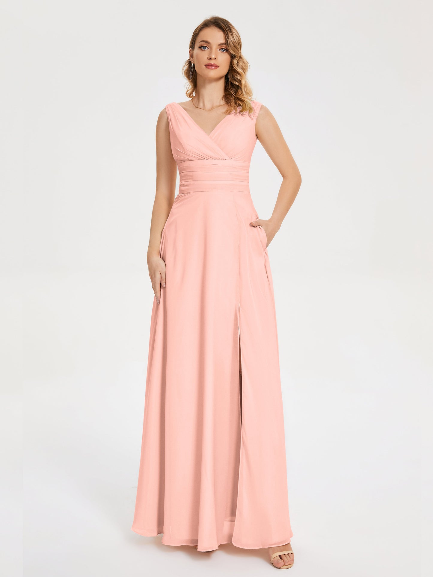 Lucille Simple V-neck Bridesmaid Dress with Pockets