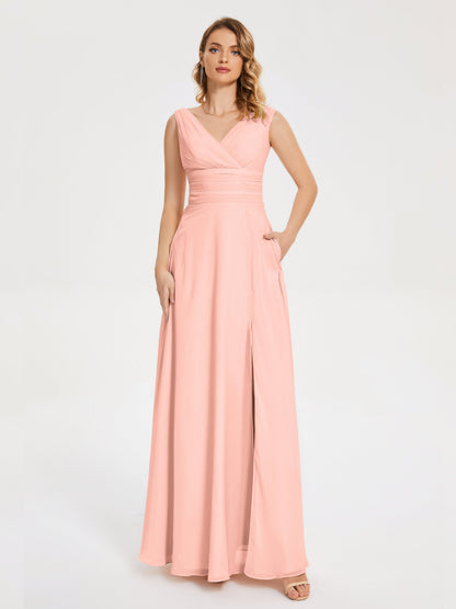 Lucille Simple V-neck Bridesmaid Dress with Pockets