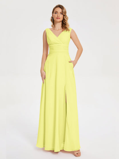 Lucille Simple V-neck Bridesmaid Dress with Pockets