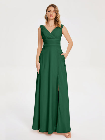 Lucille Simple V-neck Bridesmaid Dress with Pockets