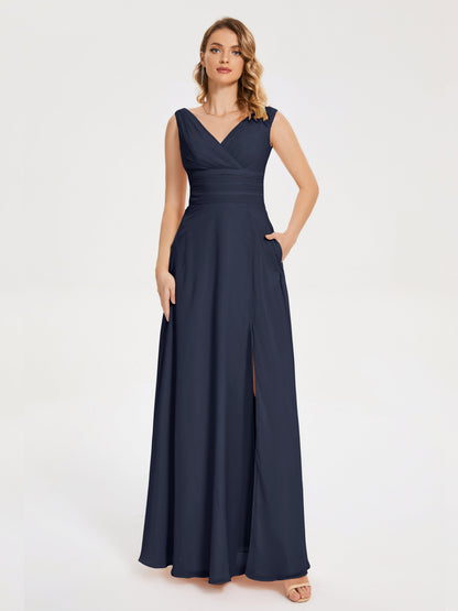 Lucille Simple V-neck Bridesmaid Dress with Pockets