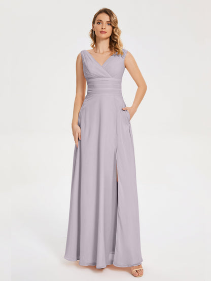Lucille Simple V-neck Bridesmaid Dress with Pockets