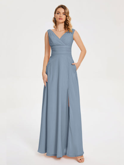 Lucille Simple V-neck Bridesmaid Dress with Pockets