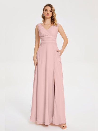 Lucille Simple V-neck Bridesmaid Dress with Pockets