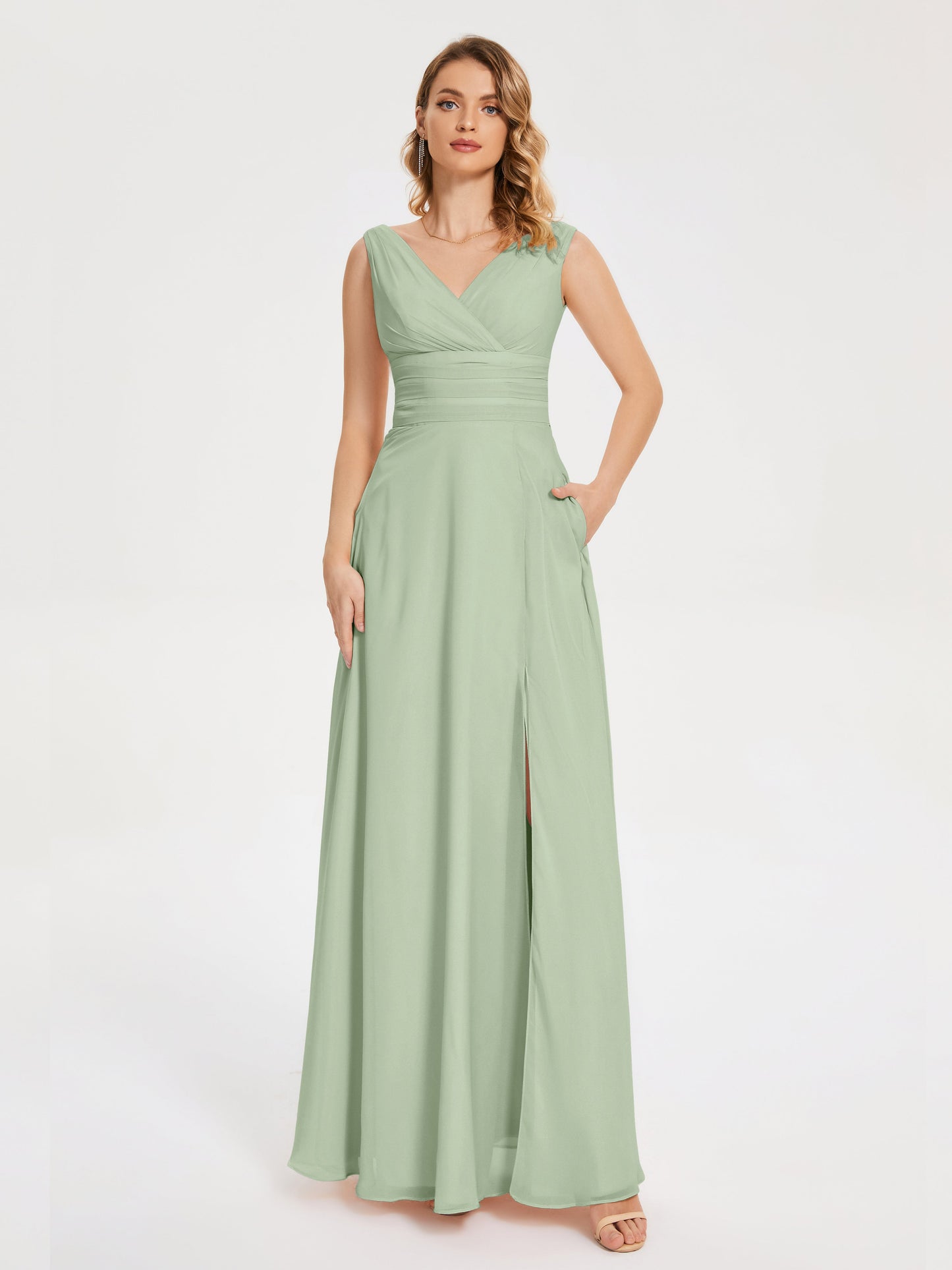 Lucille Simple V-neck Bridesmaid Dress with Pockets