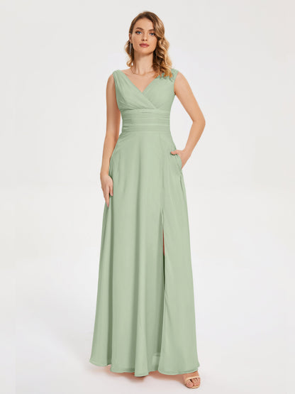 Lucille Simple V-neck Bridesmaid Dress with Pockets