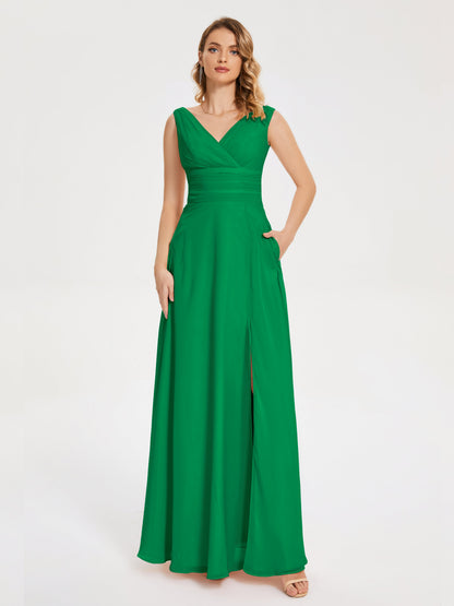 Lucille Simple V-neck Bridesmaid Dress with Pockets