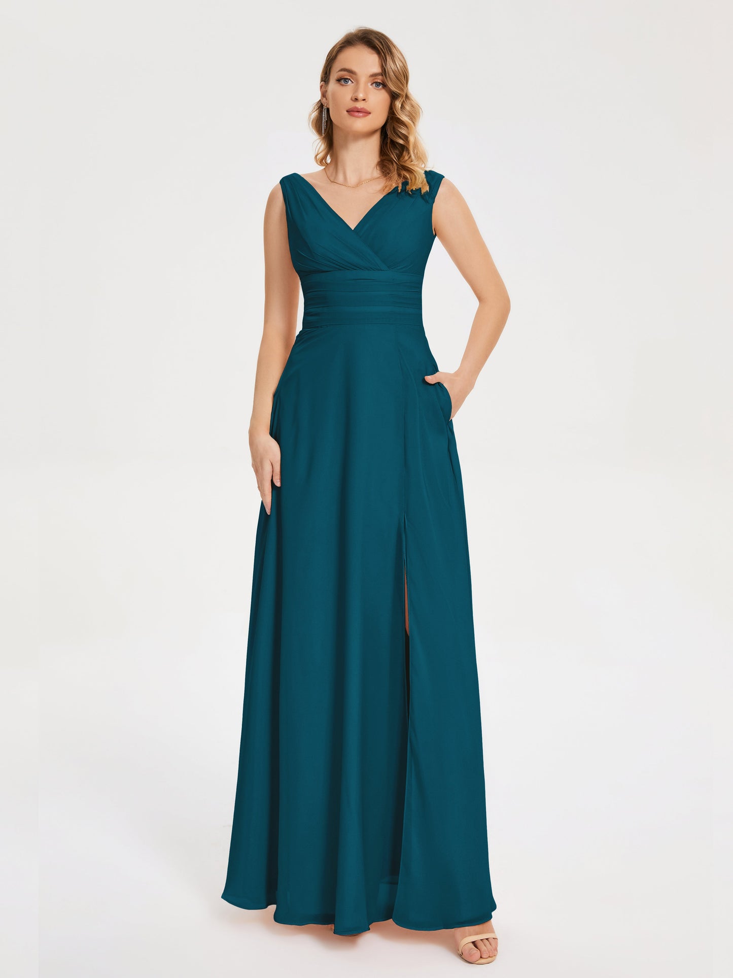 Lucille Simple V-neck Bridesmaid Dress with Pockets
