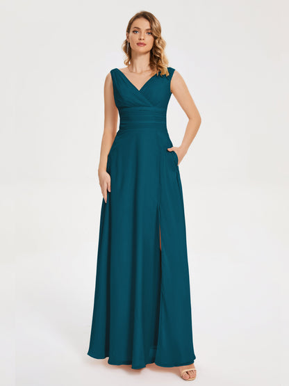 Lucille Simple V-neck Bridesmaid Dress with Pockets