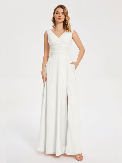 Lucille Simple V-neck Bridesmaid Dress with Pockets
