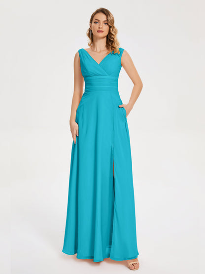Lucille Simple V-neck Bridesmaid Dress with Pockets