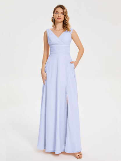 Lucille Simple V-neck Bridesmaid Dress with Pockets