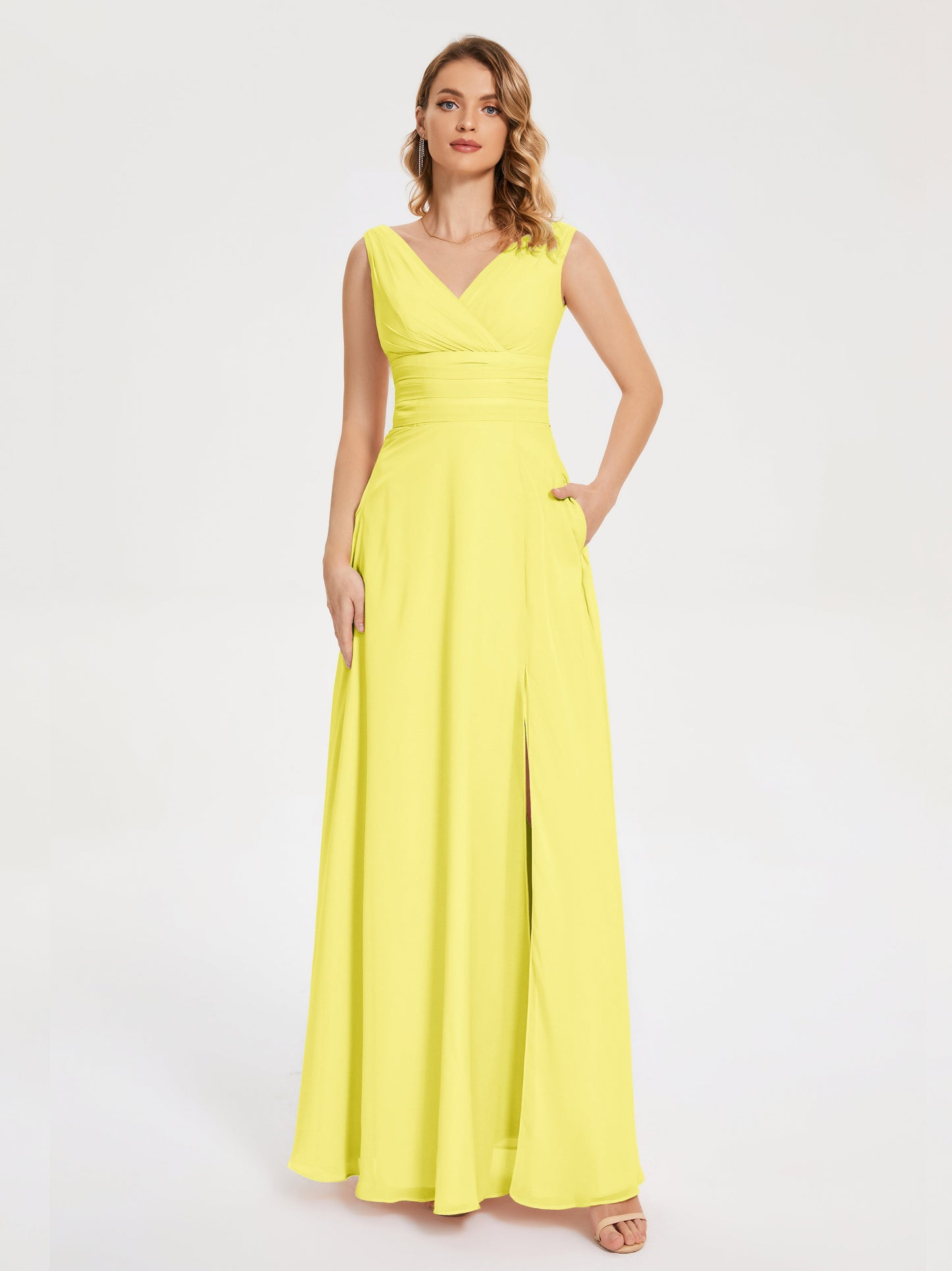 Lucille Simple V-neck Bridesmaid Dress with Pockets