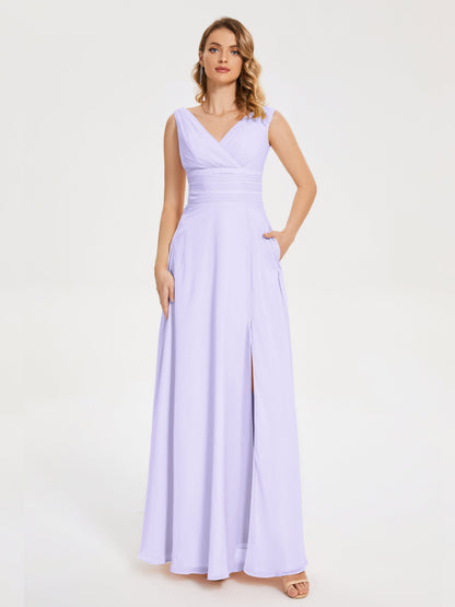 Lucille Simple V-neck Bridesmaid Dress with Pockets