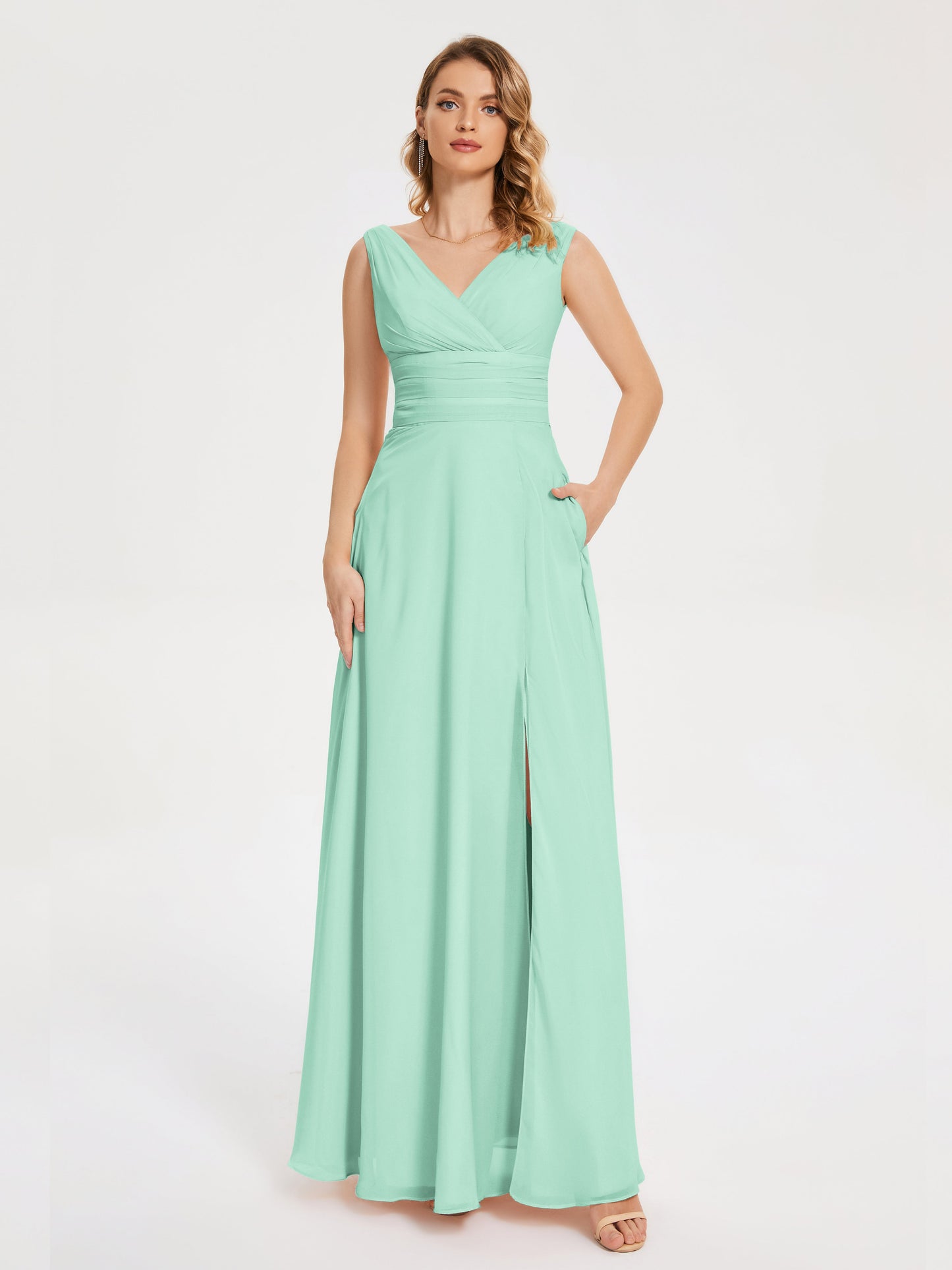 Lucille Simple V-neck Bridesmaid Dress with Pockets