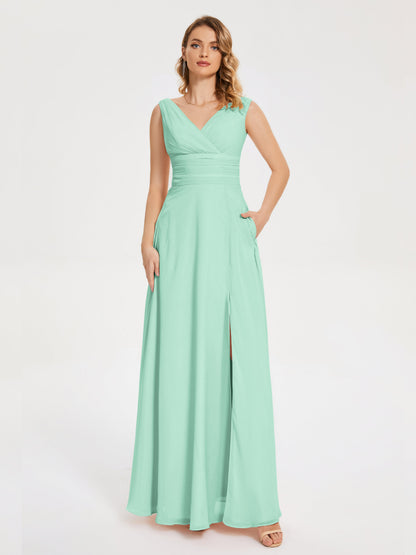 Lucille Simple V-neck Bridesmaid Dress with Pockets