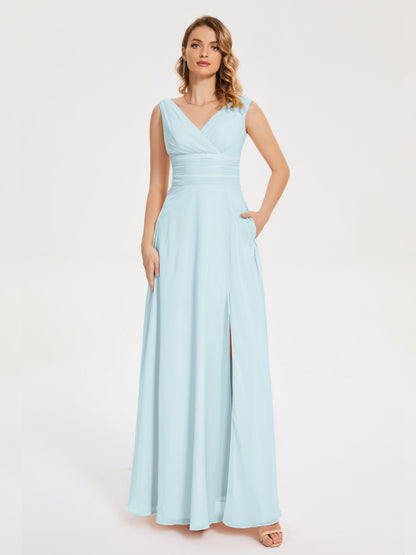 Lucille Simple V-neck Bridesmaid Dress with Pockets