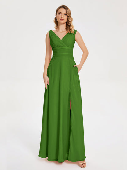 Lucille Simple V-neck Bridesmaid Dress with Pockets