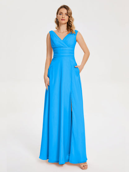 Lucille Simple V-neck Bridesmaid Dress with Pockets