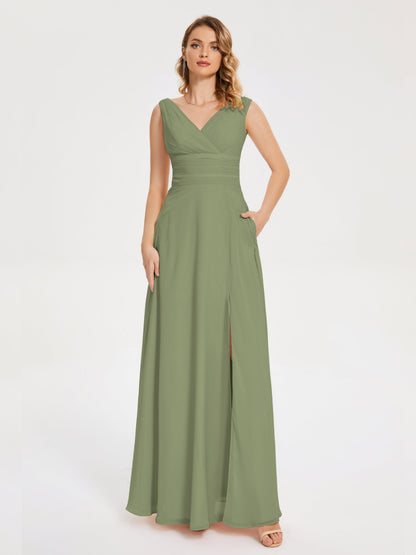 Lucille Simple V-neck Bridesmaid Dress with Pockets